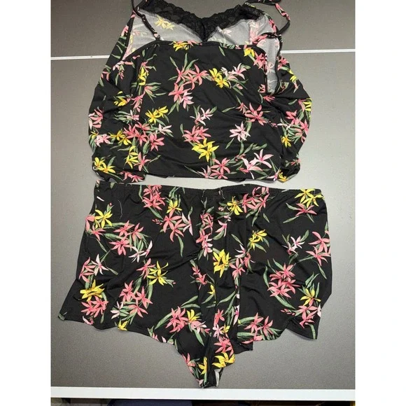 Joyspun Dreamy Soft Floral Pajama Set 3X Black Pink Yellow Lace Trim Cami Shorts - Picture 4 of 6